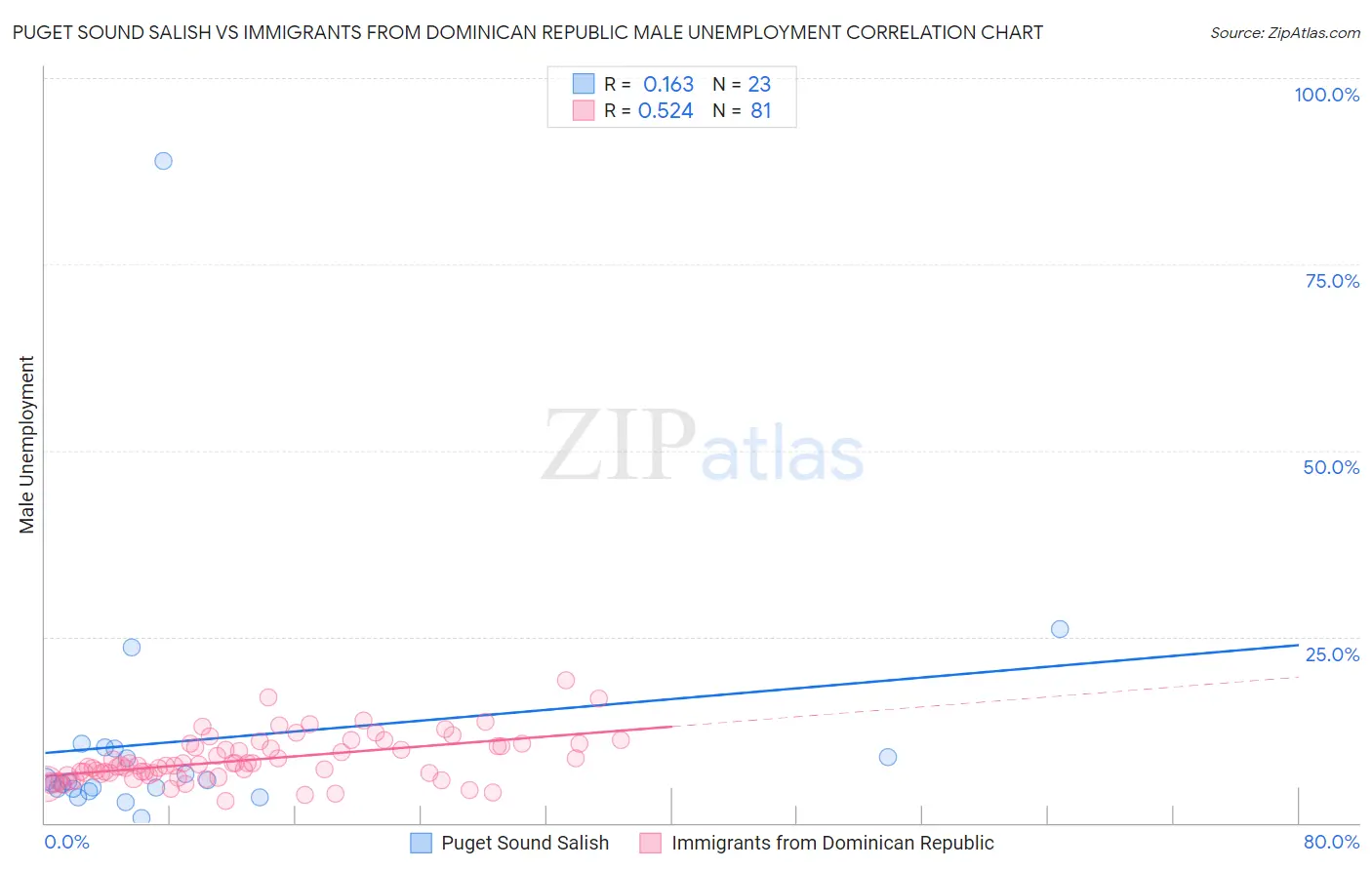 Puget Sound Salish vs Immigrants from Dominican Republic Male Unemployment