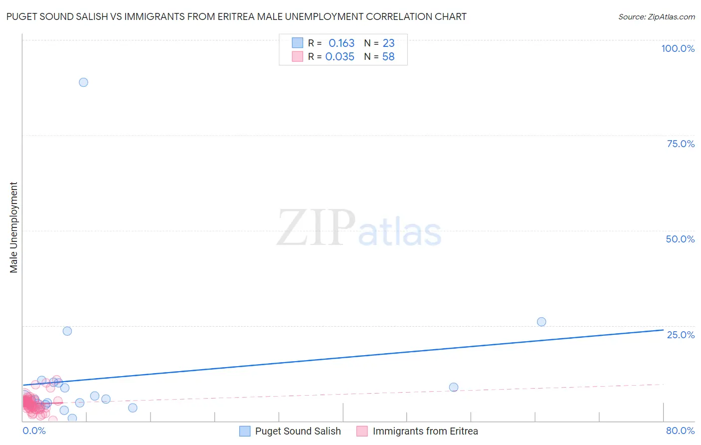 Puget Sound Salish vs Immigrants from Eritrea Male Unemployment