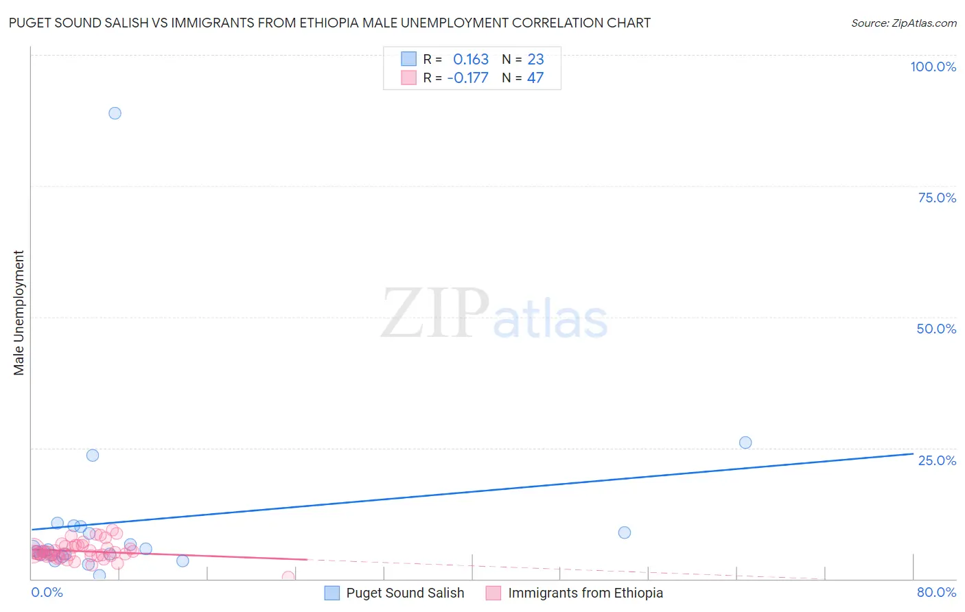 Puget Sound Salish vs Immigrants from Ethiopia Male Unemployment