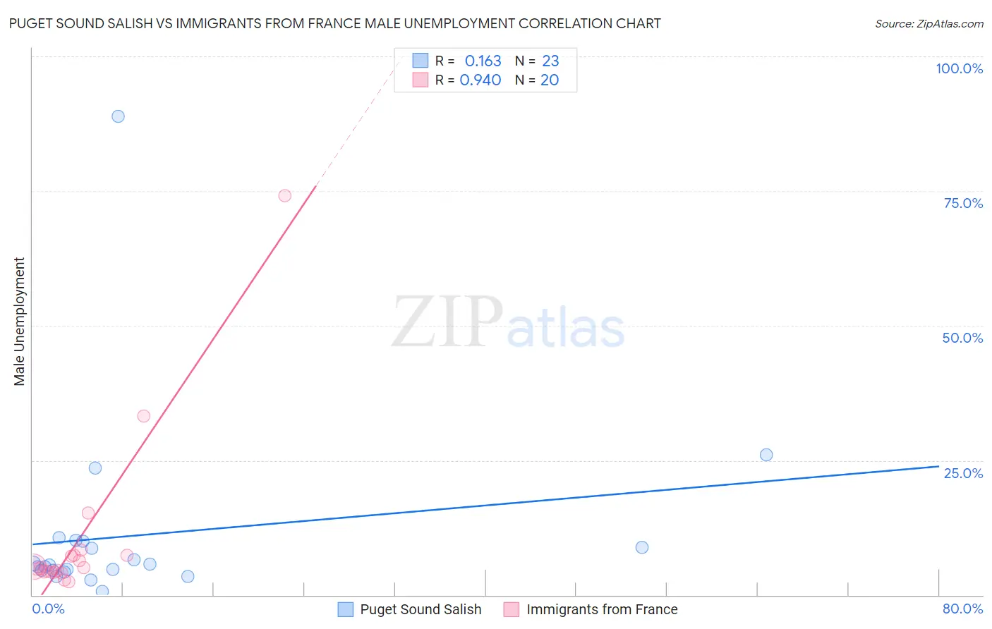 Puget Sound Salish vs Immigrants from France Male Unemployment