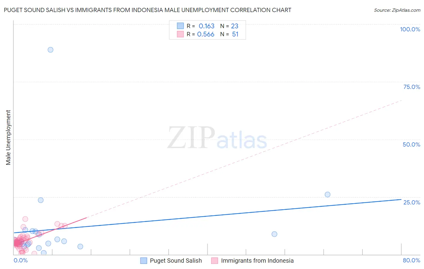 Puget Sound Salish vs Immigrants from Indonesia Male Unemployment