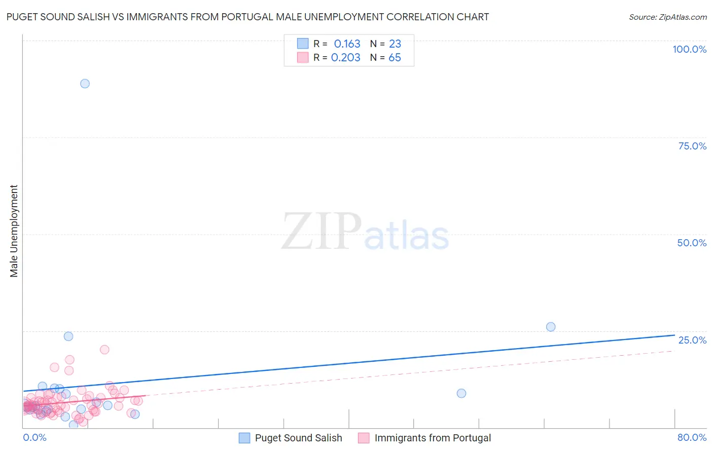 Puget Sound Salish vs Immigrants from Portugal Male Unemployment