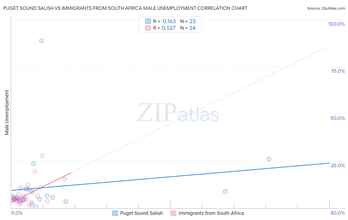 Puget Sound Salish vs Immigrants from South Africa Male Unemployment