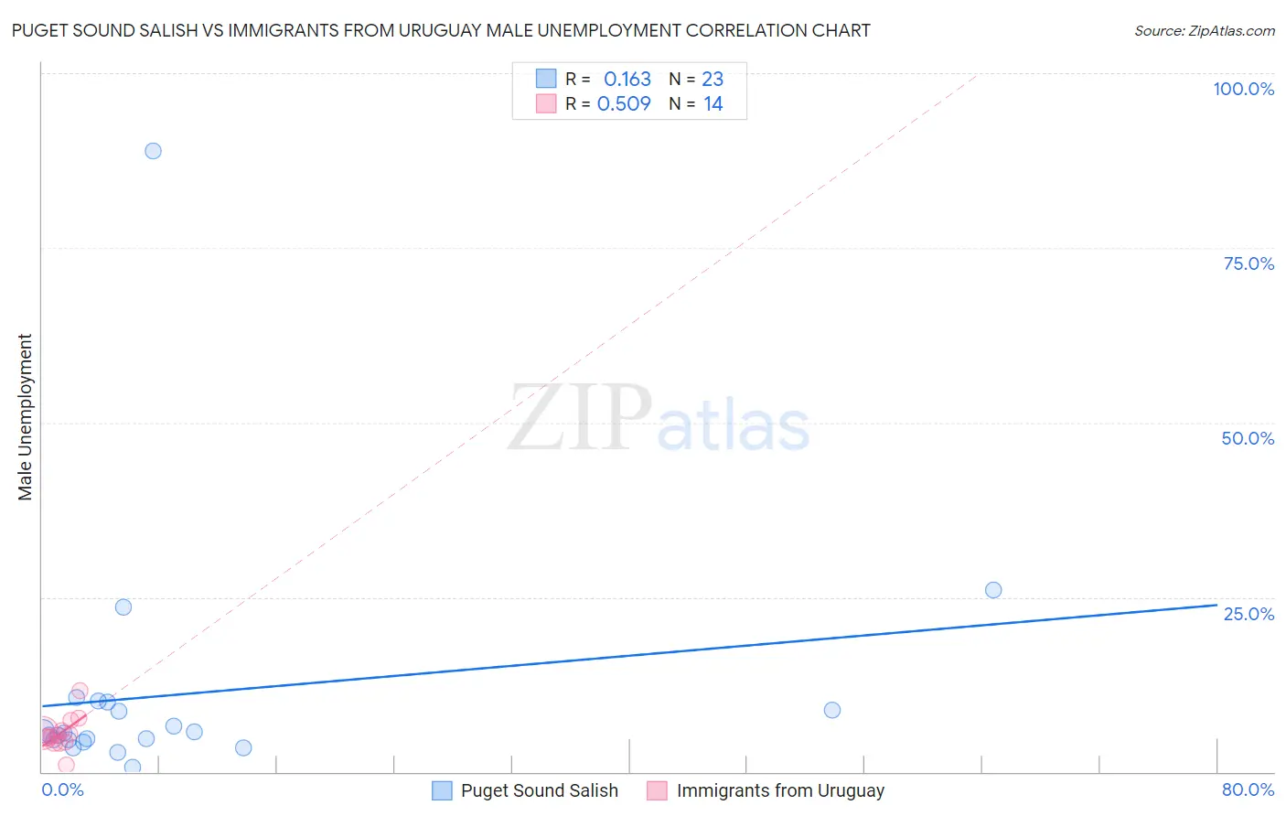 Puget Sound Salish vs Immigrants from Uruguay Male Unemployment