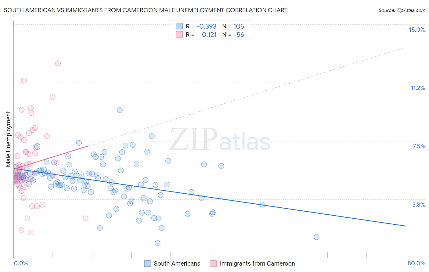 South American vs Immigrants from Cameroon Male Unemployment