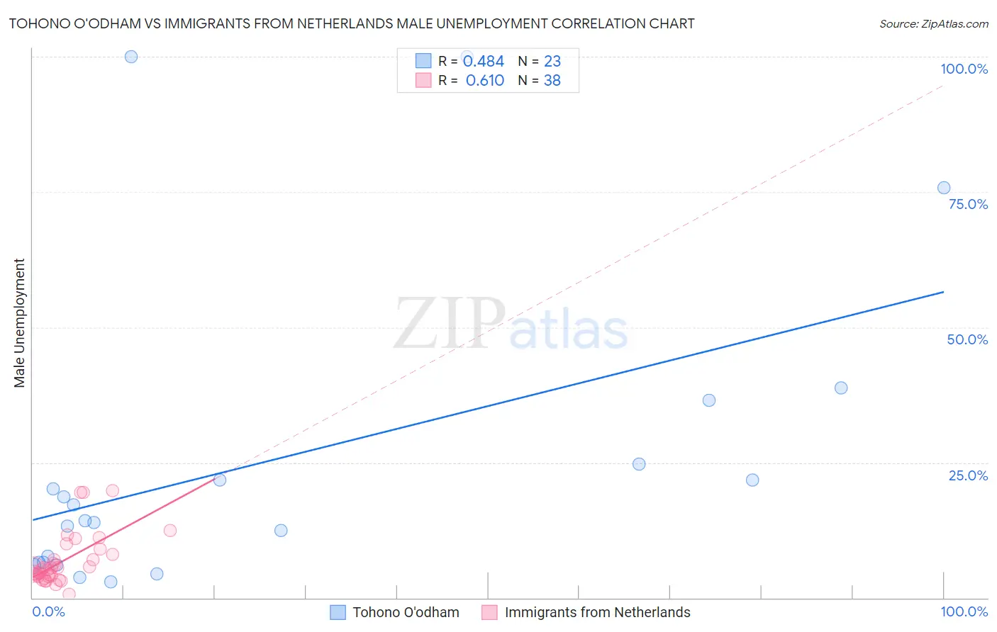 Tohono O'odham vs Immigrants from Netherlands Male Unemployment