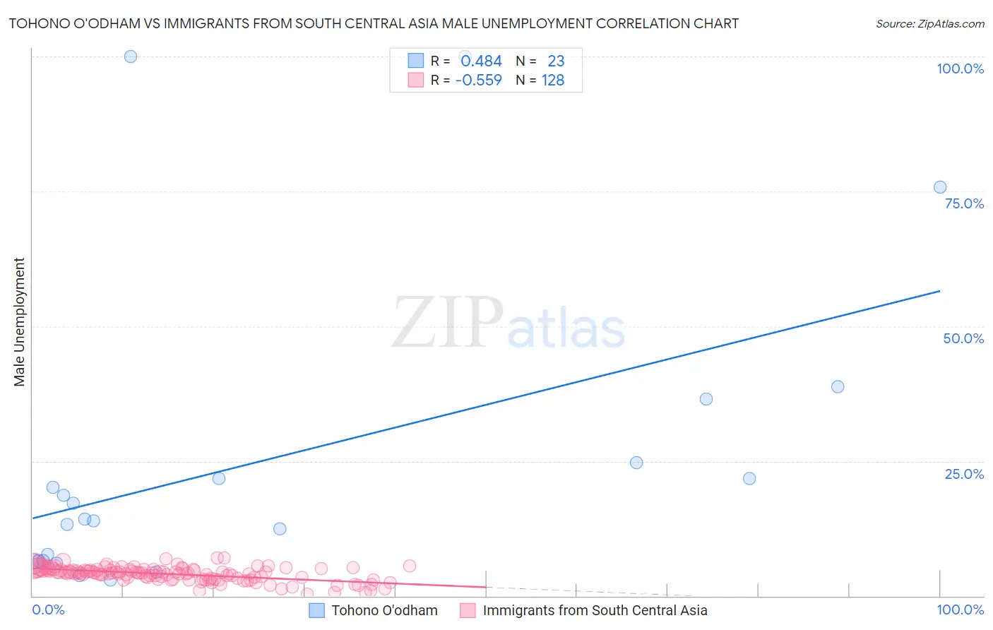 Tohono O'odham vs Immigrants from South Central Asia Male Unemployment