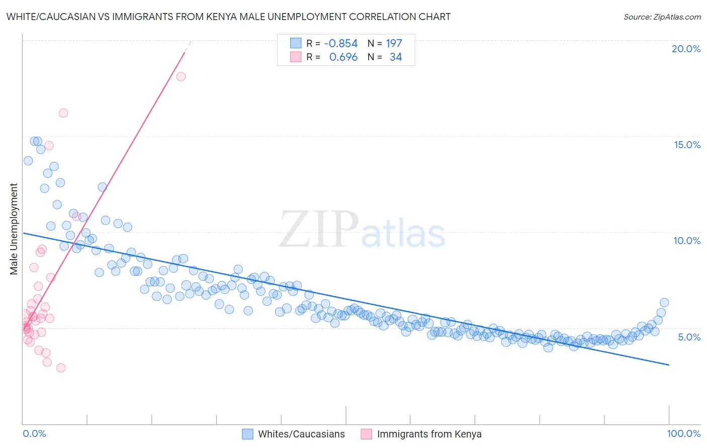 White/Caucasian vs Immigrants from Kenya Male Unemployment