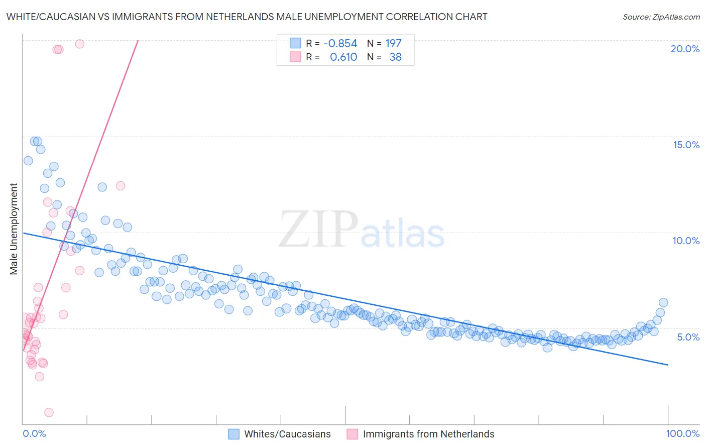 White/Caucasian vs Immigrants from Netherlands Male Unemployment