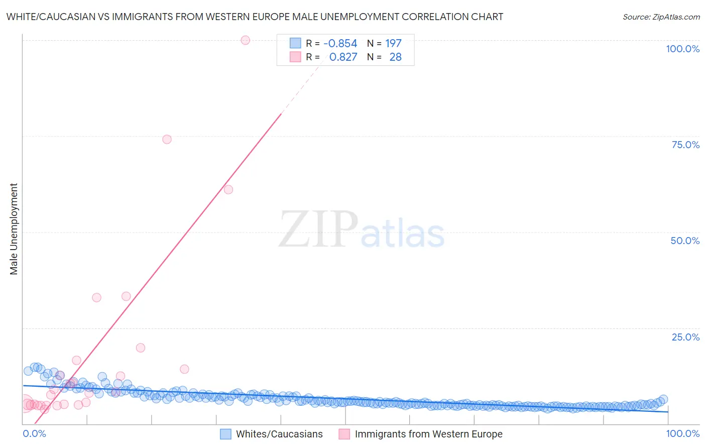White/Caucasian vs Immigrants from Western Europe Male Unemployment
