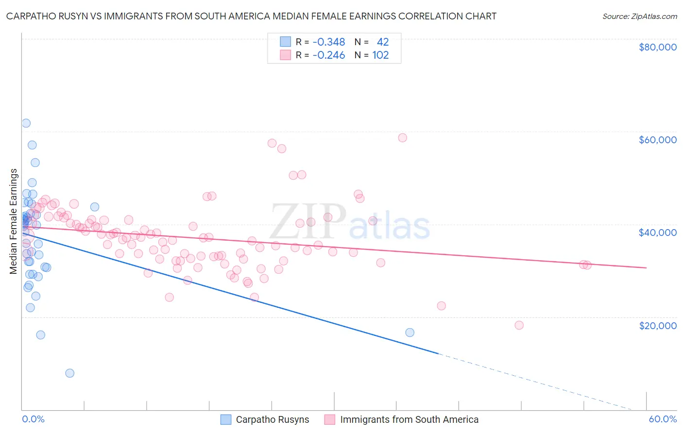 Carpatho Rusyn vs Immigrants from South America Median Female Earnings