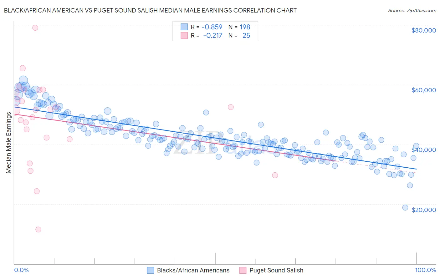 Black/African American vs Puget Sound Salish Median Male Earnings