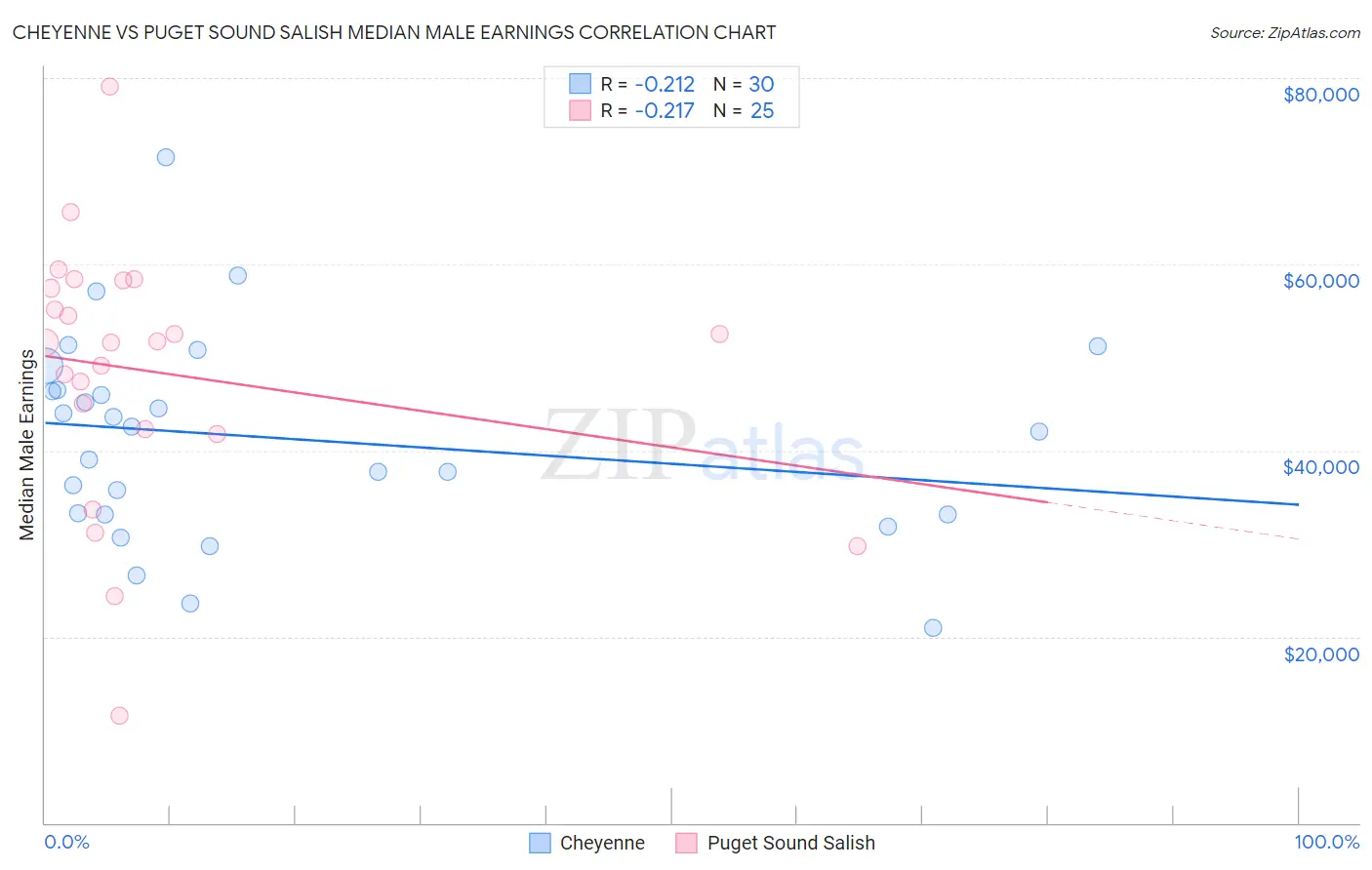 Cheyenne vs Puget Sound Salish Median Male Earnings