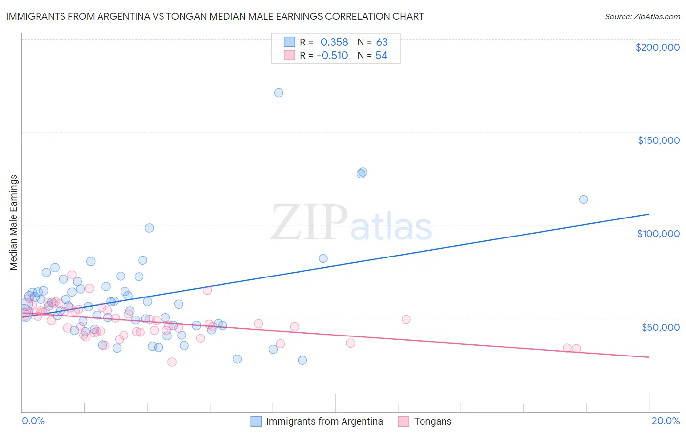 Immigrants from Argentina vs Tongan Median Male Earnings