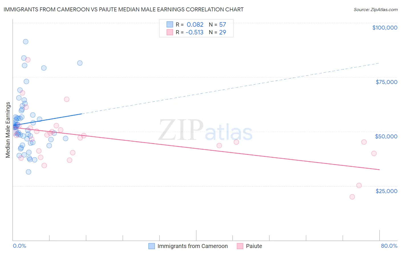 Immigrants from Cameroon vs Paiute Median Male Earnings