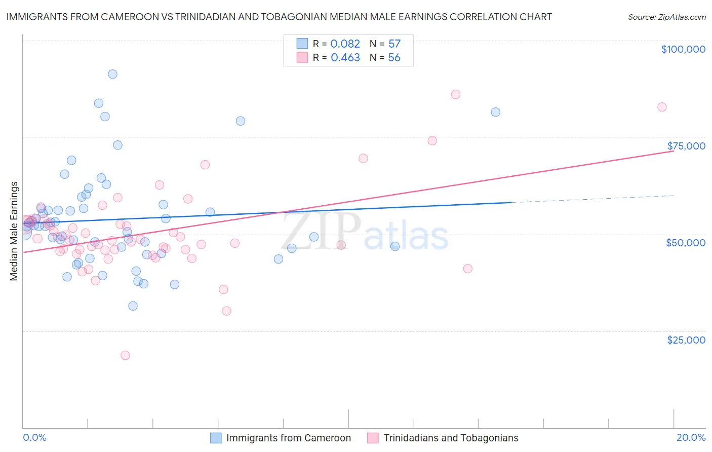 Immigrants from Cameroon vs Trinidadian and Tobagonian Median Male Earnings