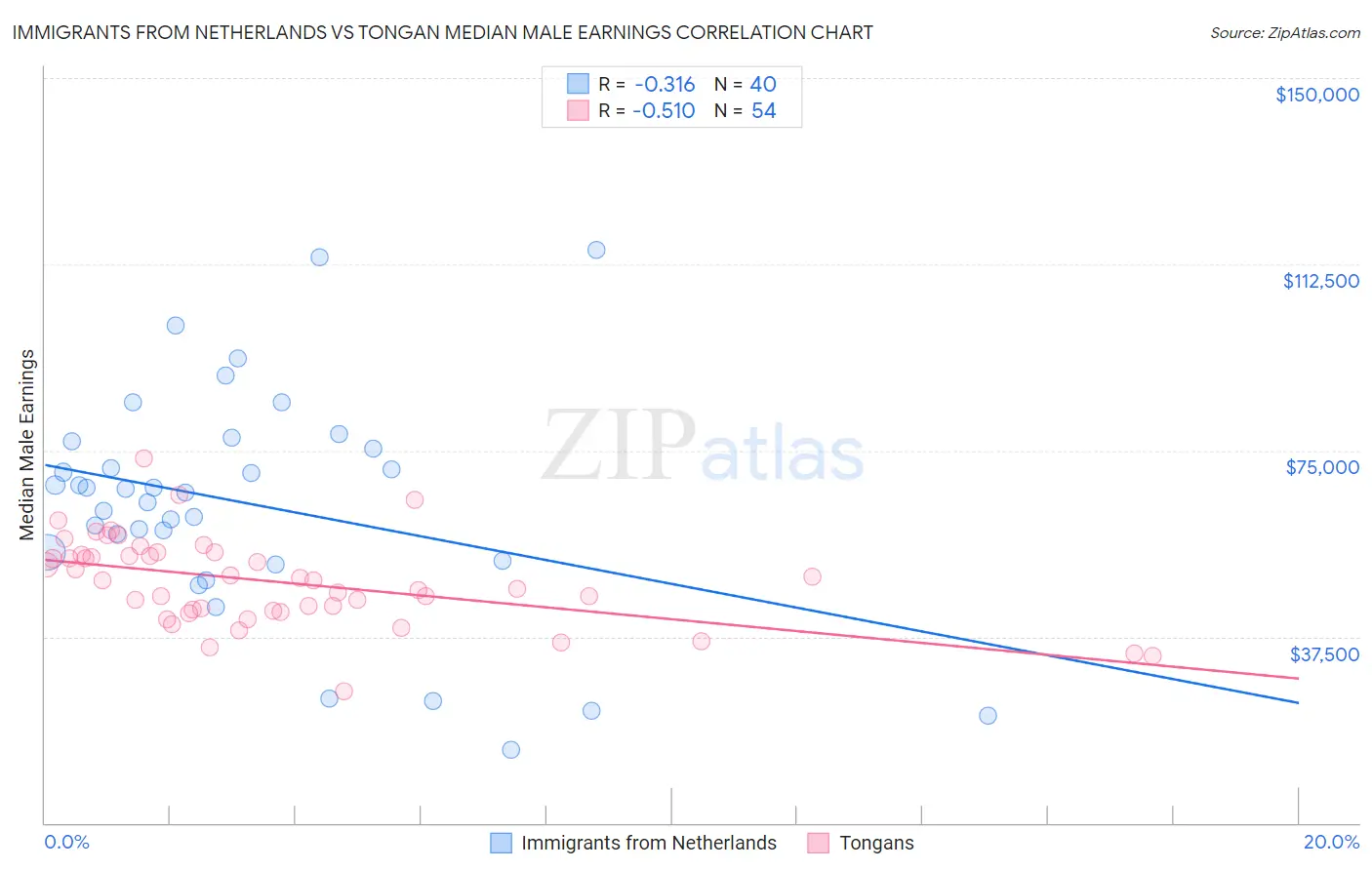 Immigrants from Netherlands vs Tongan Median Male Earnings