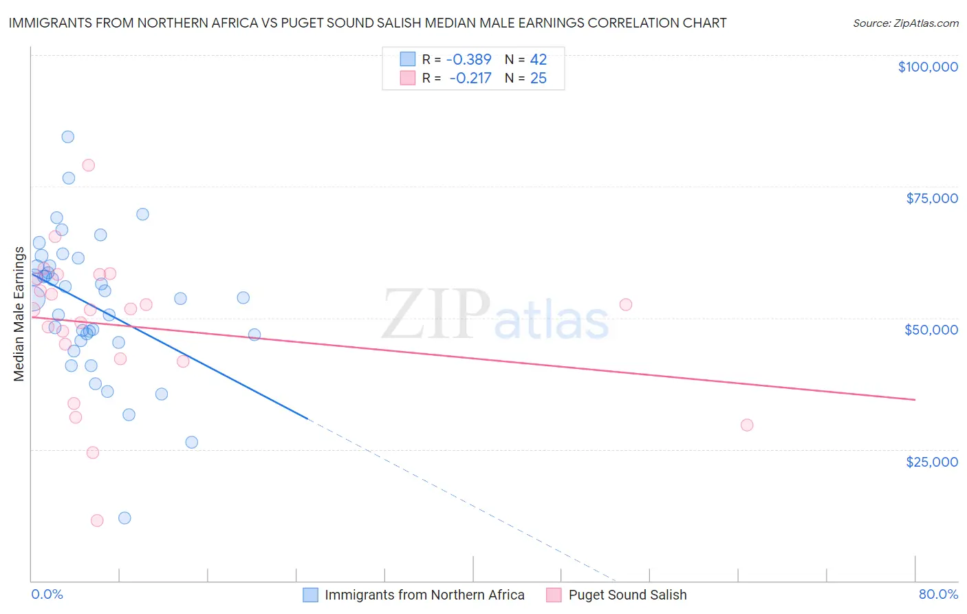 Immigrants from Northern Africa vs Puget Sound Salish Median Male Earnings