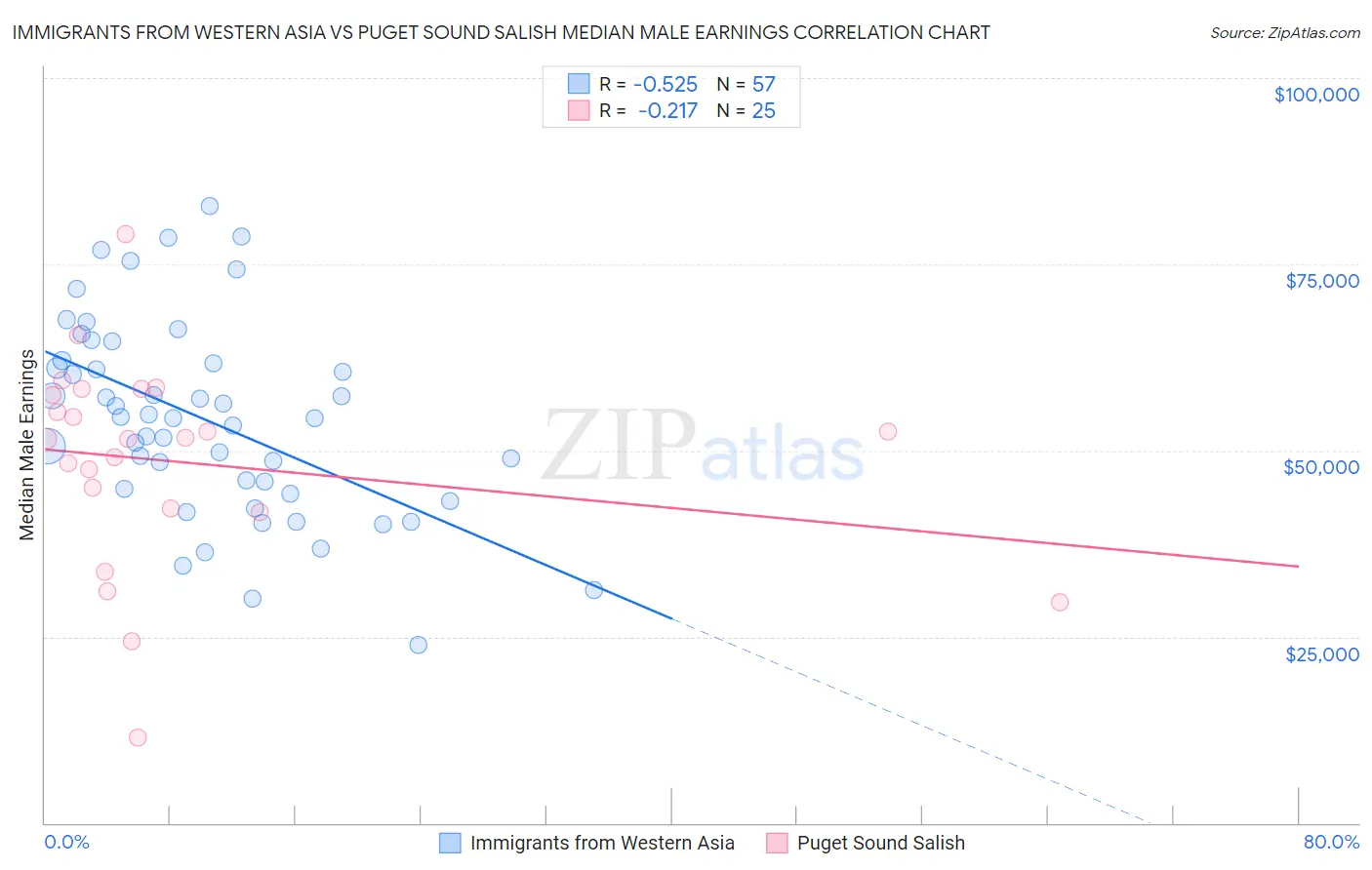 Immigrants from Western Asia vs Puget Sound Salish Median Male Earnings