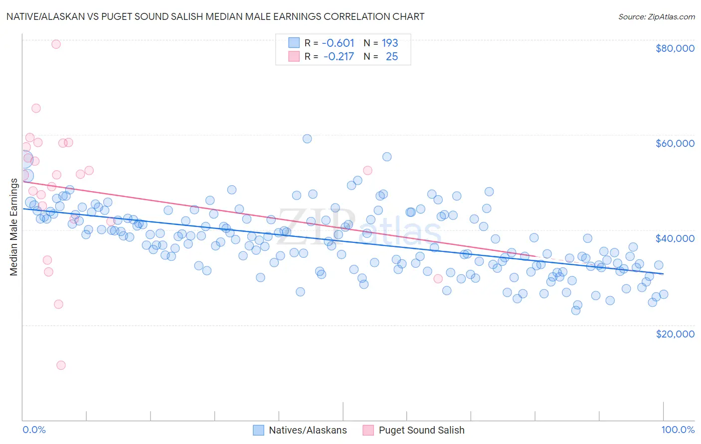 Native/Alaskan vs Puget Sound Salish Median Male Earnings