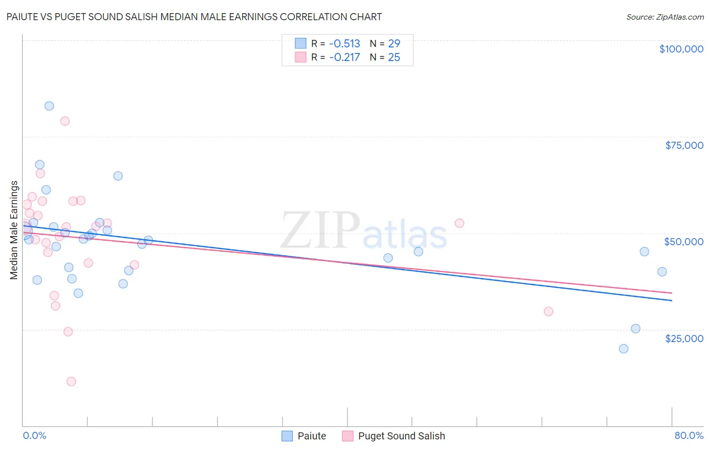 Paiute vs Puget Sound Salish Median Male Earnings