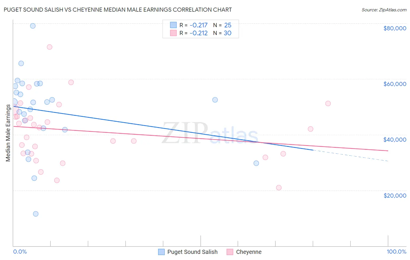 Puget Sound Salish vs Cheyenne Median Male Earnings