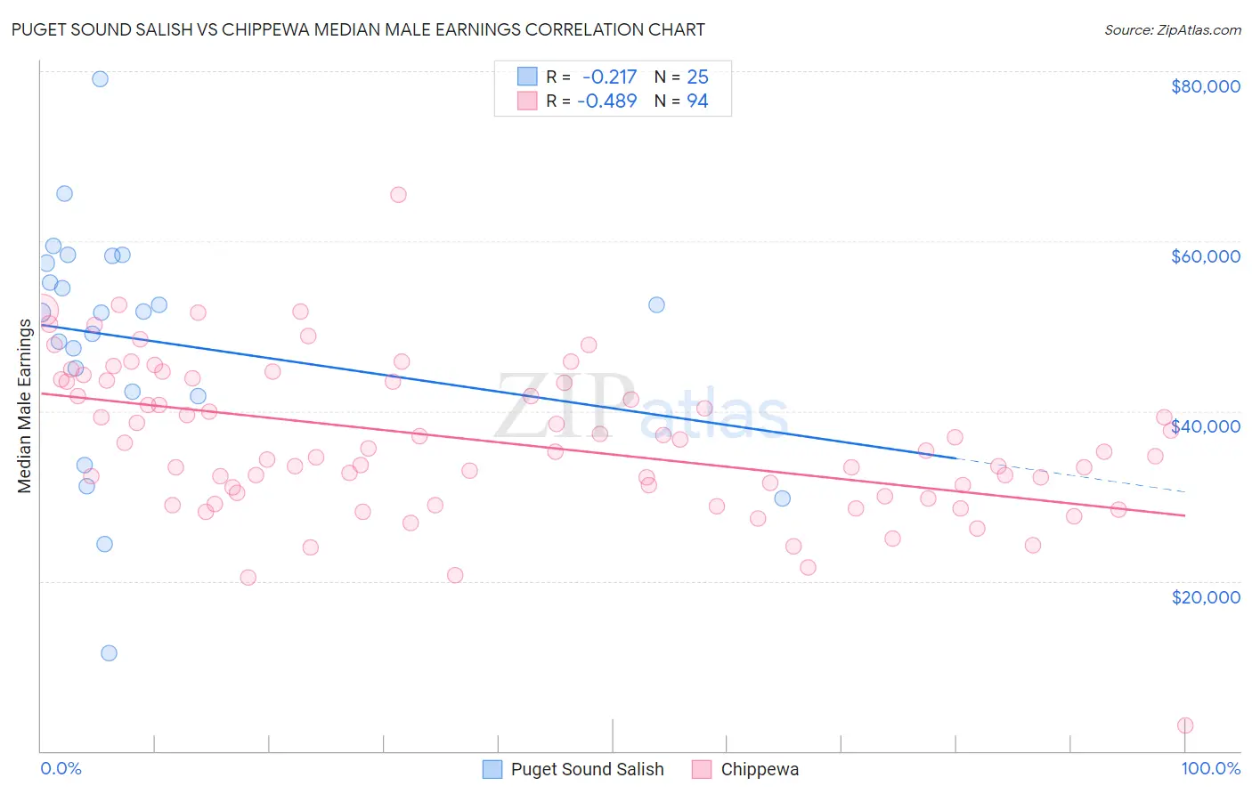 Puget Sound Salish vs Chippewa Median Male Earnings