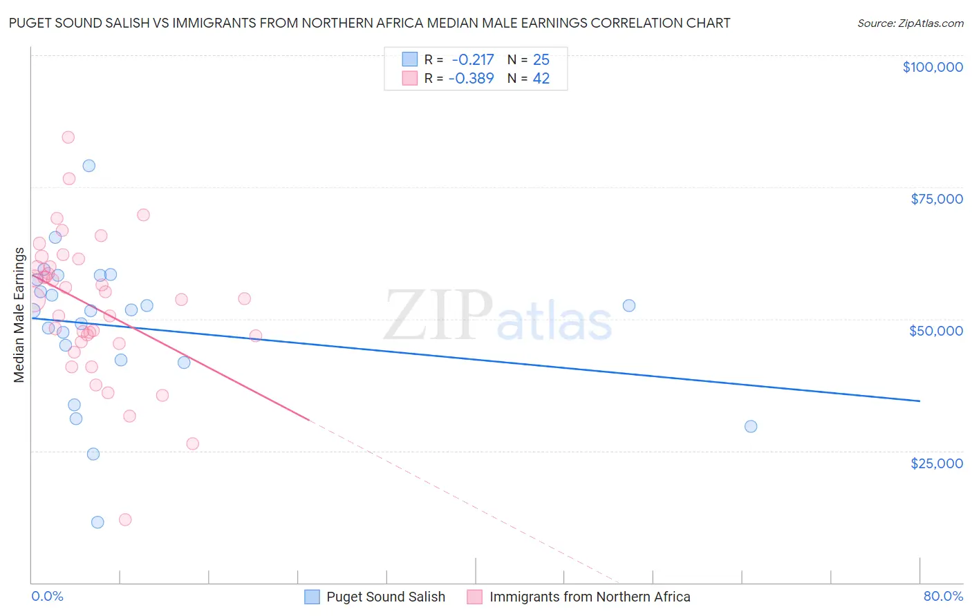 Puget Sound Salish vs Immigrants from Northern Africa Median Male Earnings