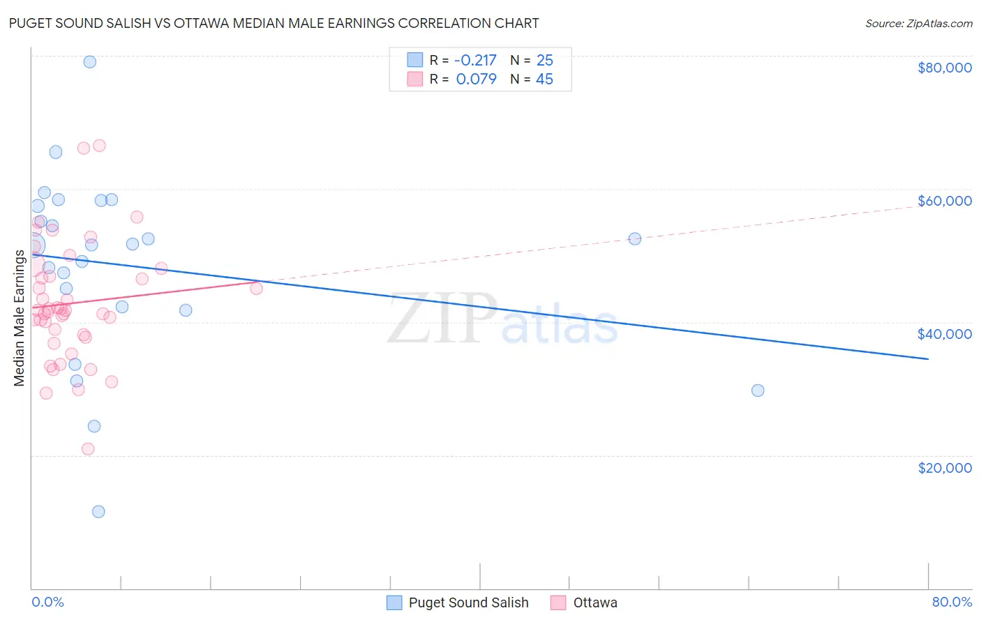 Puget Sound Salish vs Ottawa Median Male Earnings