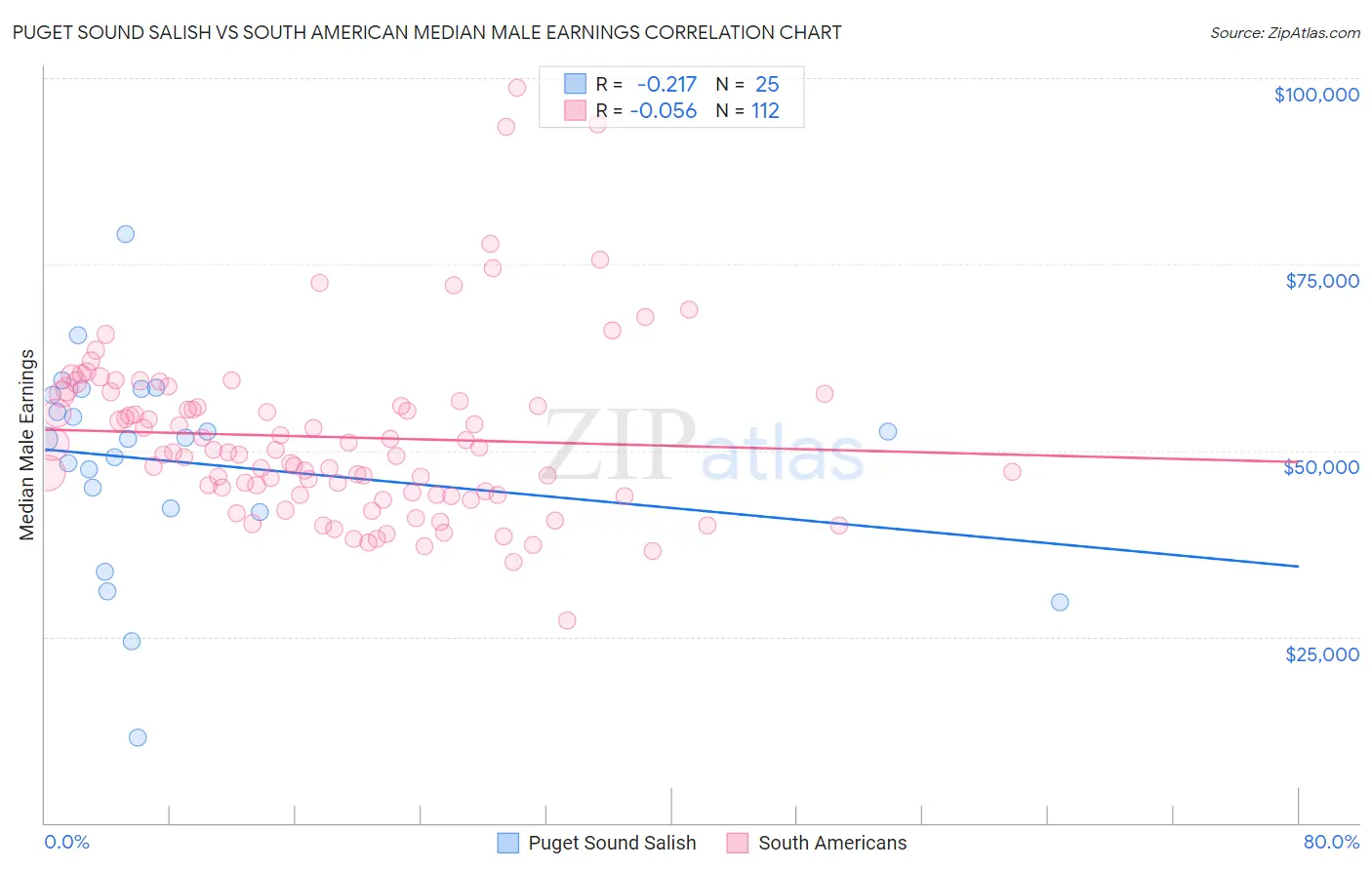 Puget Sound Salish vs South American Median Male Earnings