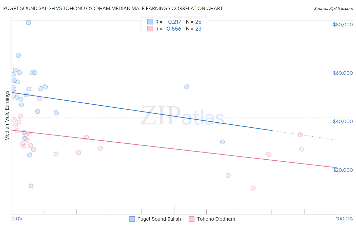 Puget Sound Salish vs Tohono O'odham Median Male Earnings
