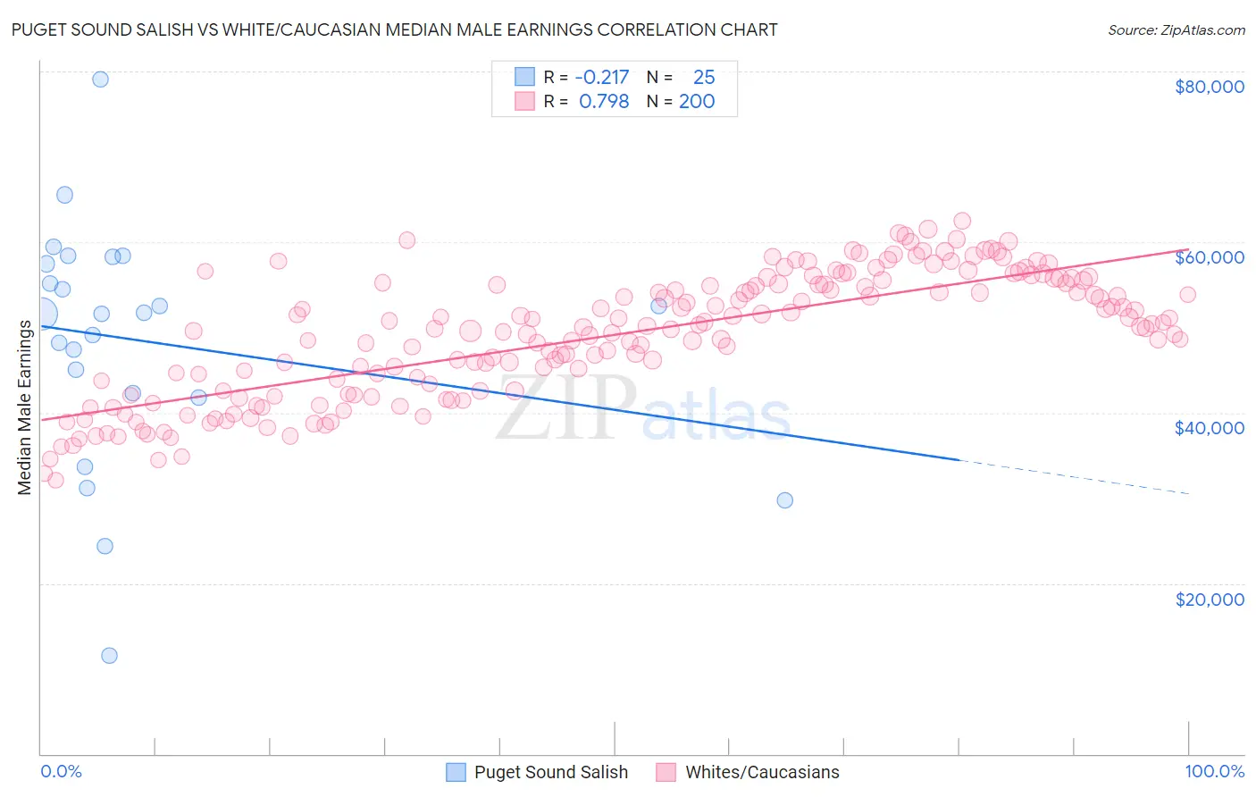 Puget Sound Salish vs White/Caucasian Median Male Earnings