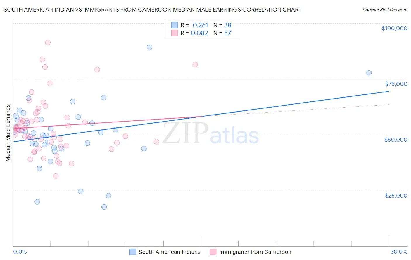 South American Indian vs Immigrants from Cameroon Median Male Earnings