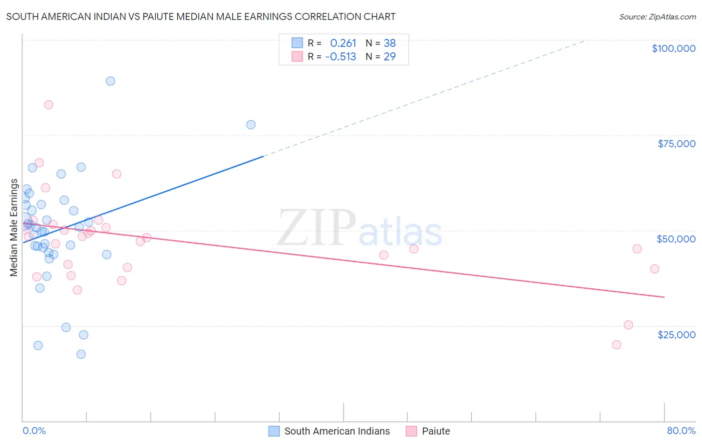 South American Indian vs Paiute Median Male Earnings