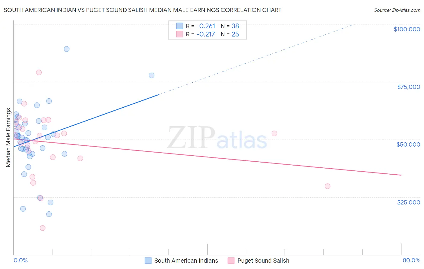South American Indian vs Puget Sound Salish Median Male Earnings