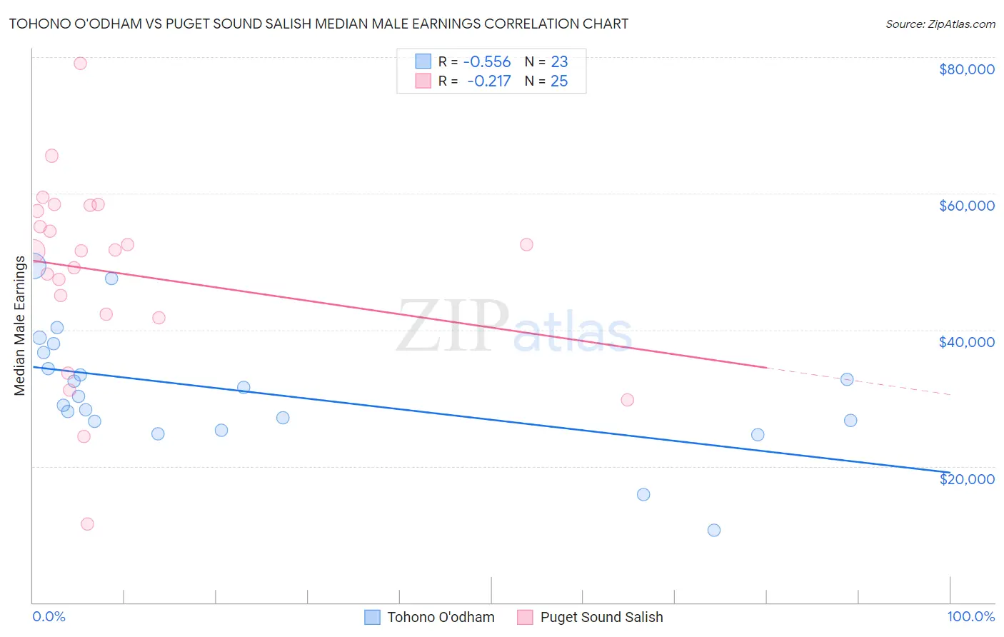 Tohono O'odham vs Puget Sound Salish Median Male Earnings