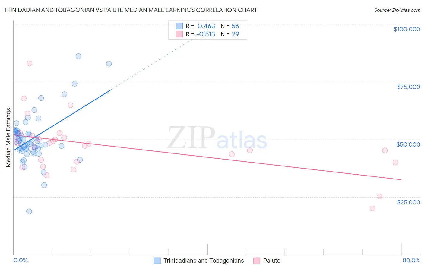 Trinidadian and Tobagonian vs Paiute Median Male Earnings