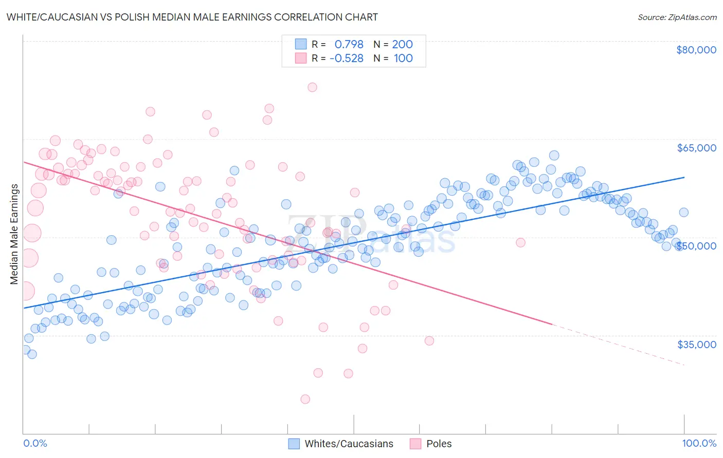 White/Caucasian vs Polish Median Male Earnings