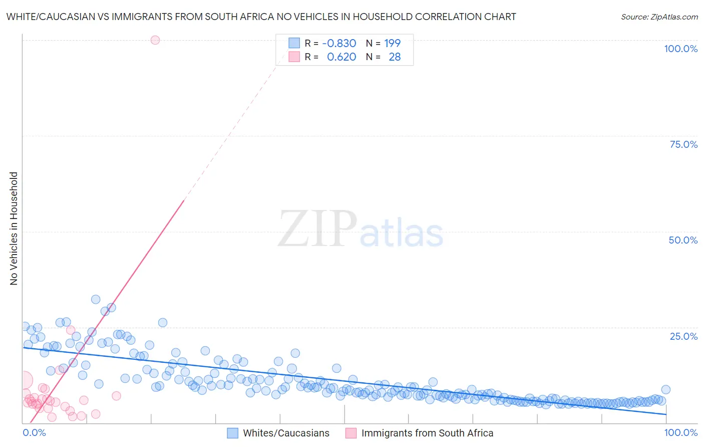 White/Caucasian vs Immigrants from South Africa No Vehicles in Household