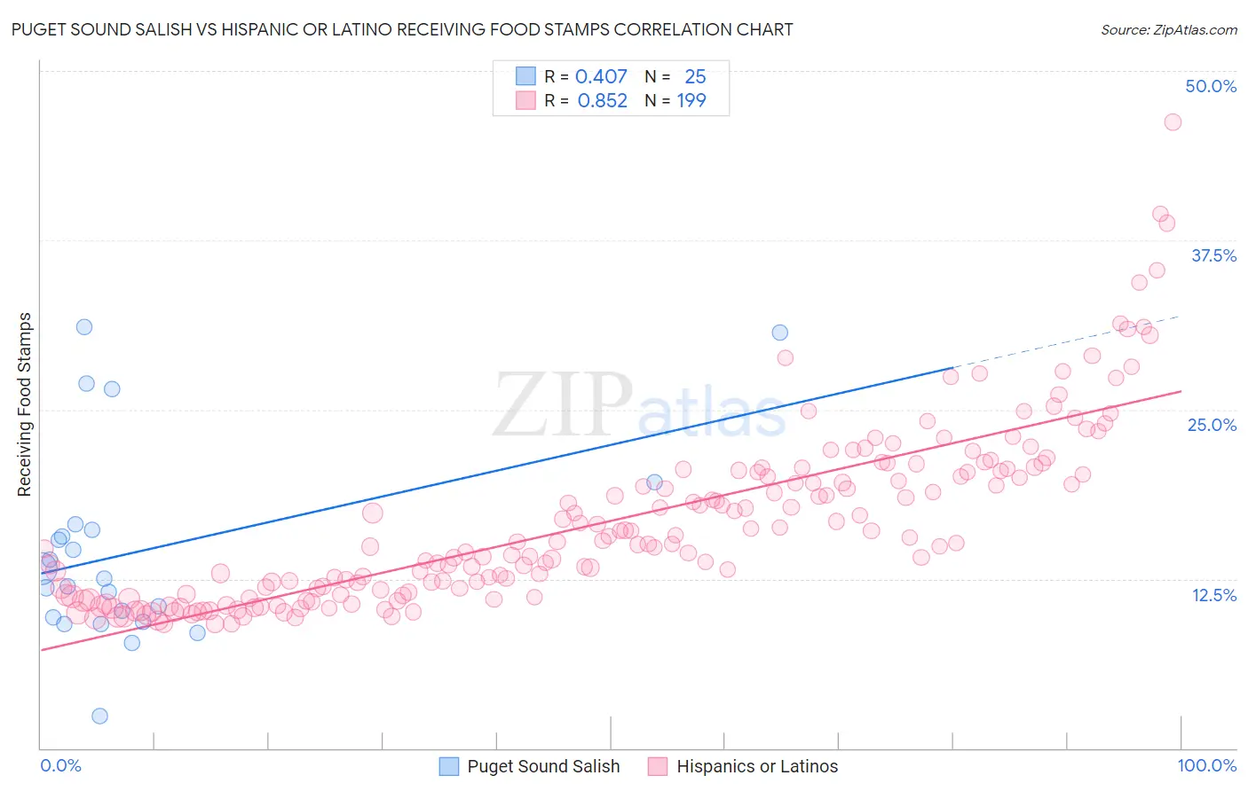 Puget Sound Salish vs Hispanic or Latino Receiving Food Stamps