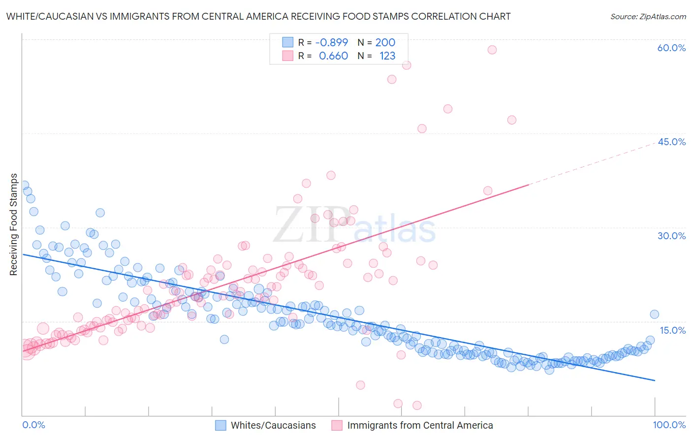 White/Caucasian vs Immigrants from Central America Receiving Food Stamps