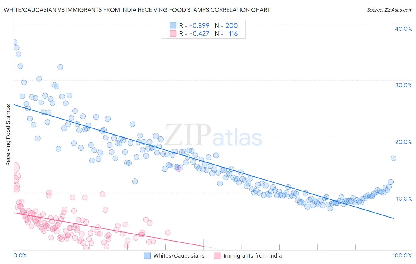 White/Caucasian vs Immigrants from India Receiving Food Stamps