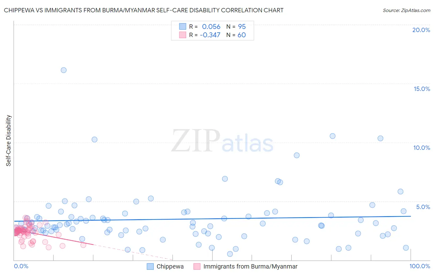 Chippewa vs Immigrants from Burma/Myanmar Self-Care Disability