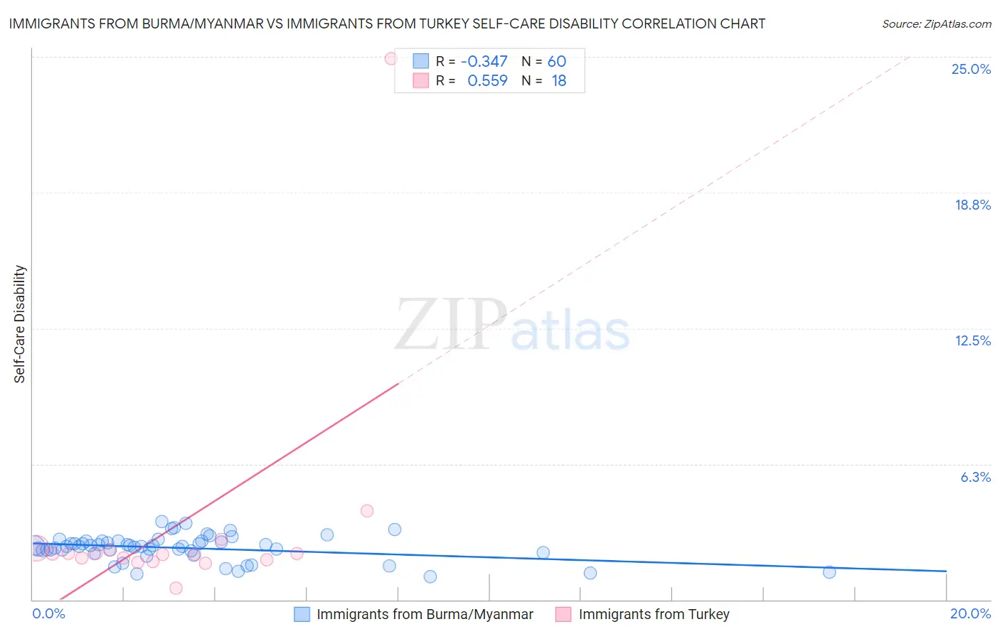 Immigrants from Burma/Myanmar vs Immigrants from Turkey Self-Care Disability