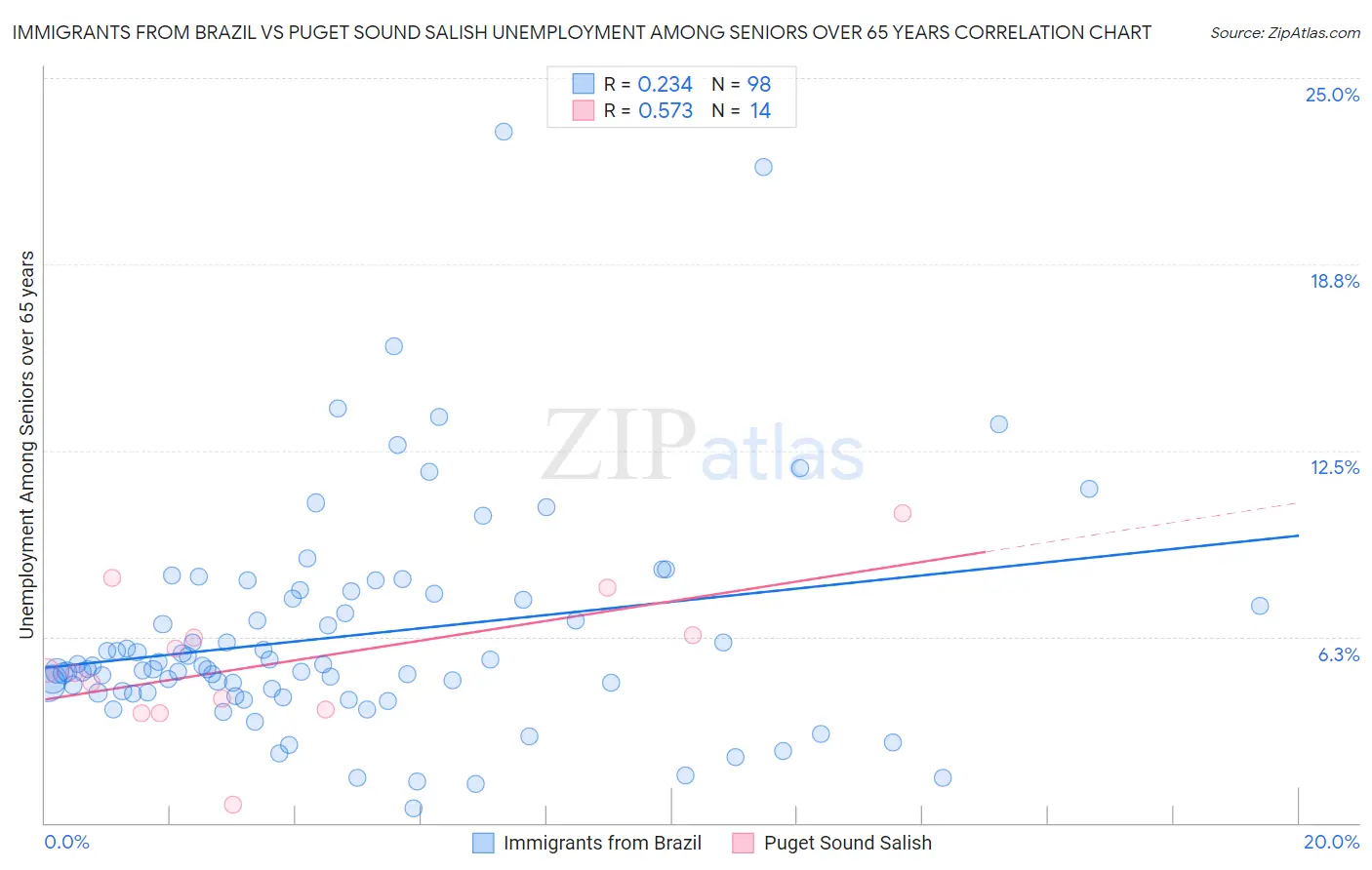 Immigrants from Brazil vs Puget Sound Salish Unemployment Among Seniors over 65 years