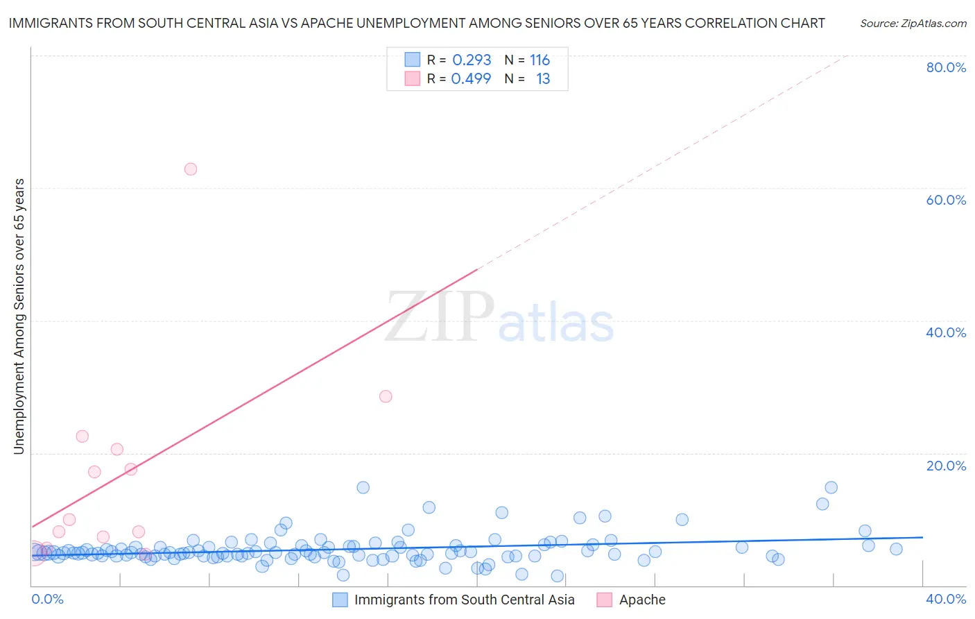 Immigrants from South Central Asia vs Apache Unemployment Among Seniors over 65 years