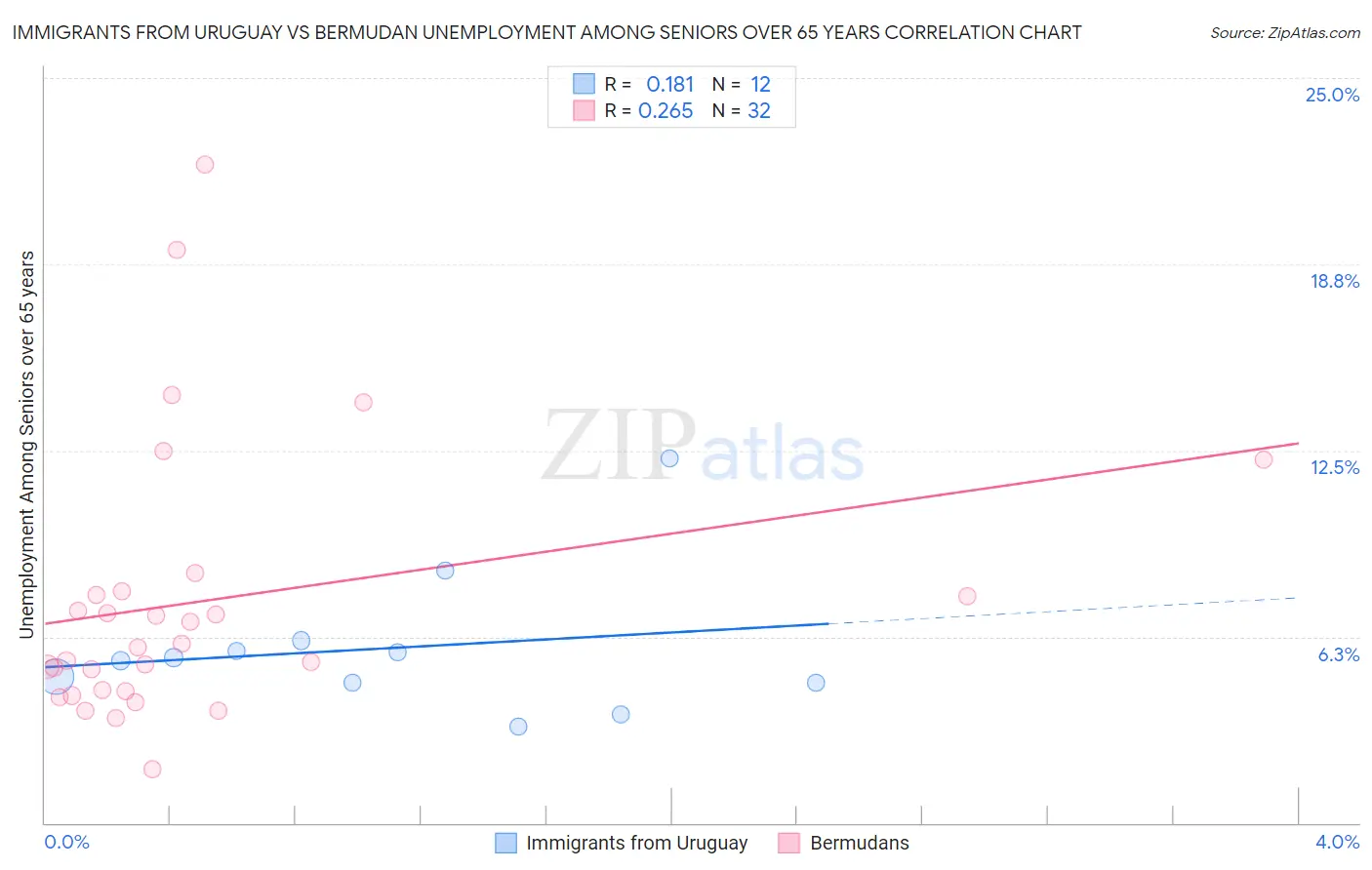 Immigrants from Uruguay vs Bermudan Unemployment Among Seniors over 65 years