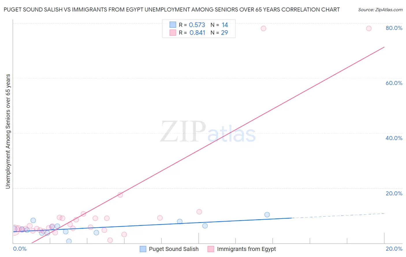 Puget Sound Salish vs Immigrants from Egypt Unemployment Among Seniors over 65 years