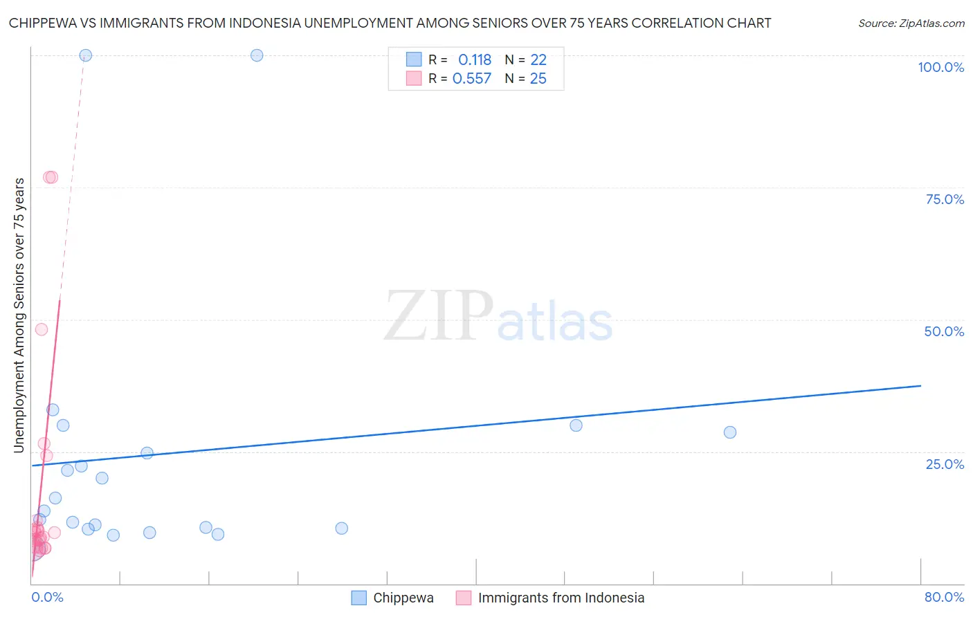 Chippewa vs Immigrants from Indonesia Unemployment Among Seniors over 75 years