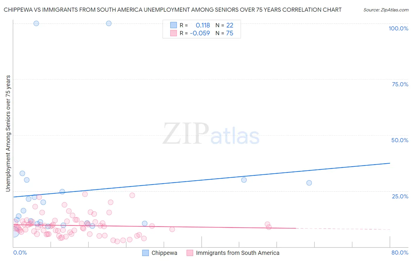 Chippewa vs Immigrants from South America Unemployment Among Seniors over 75 years